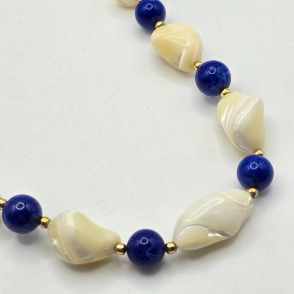 Cobalt Blue and Cream Beaded Necklace Gold‎ Tone Spacers Womens Fashion Jewelry - Picture 2 of 9